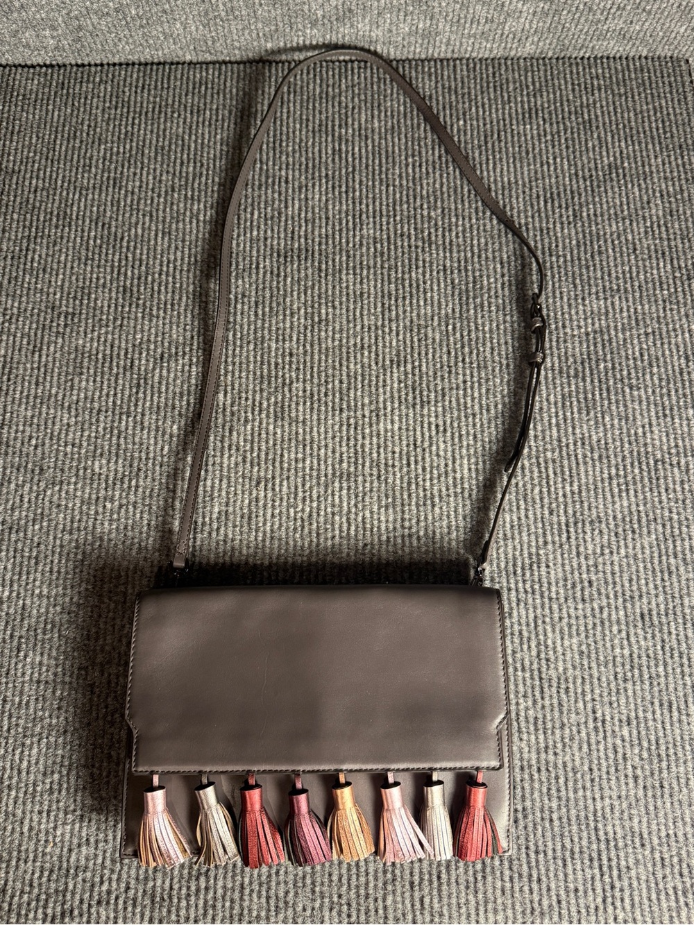 Rebecca Minkoff Sofia Leather Tassel Convertible Clutch Crossbody Bag Grey EUC